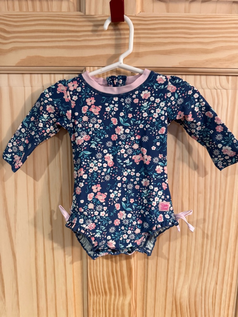 RuffleButts Baby Girl Navy‎ Floral Long Sleeve Rash Guard Swimsuit 6M Ruffles